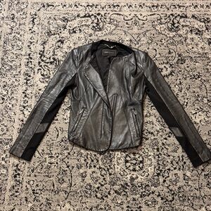 BCBG Black Leather Jacket with cut outs and cropped back